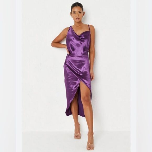 Missguided Purple Asymmetrical Strap Drape Satin Midi Dress Size 8 - Picture 1 of 12